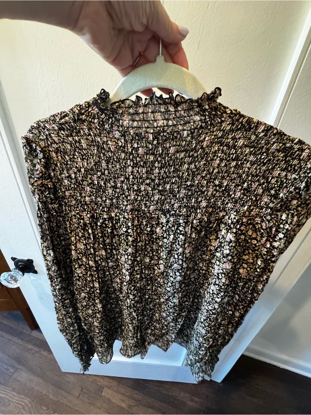 Smocked Floral Long-Sleeve Top - Black with Pink and Cream Floral